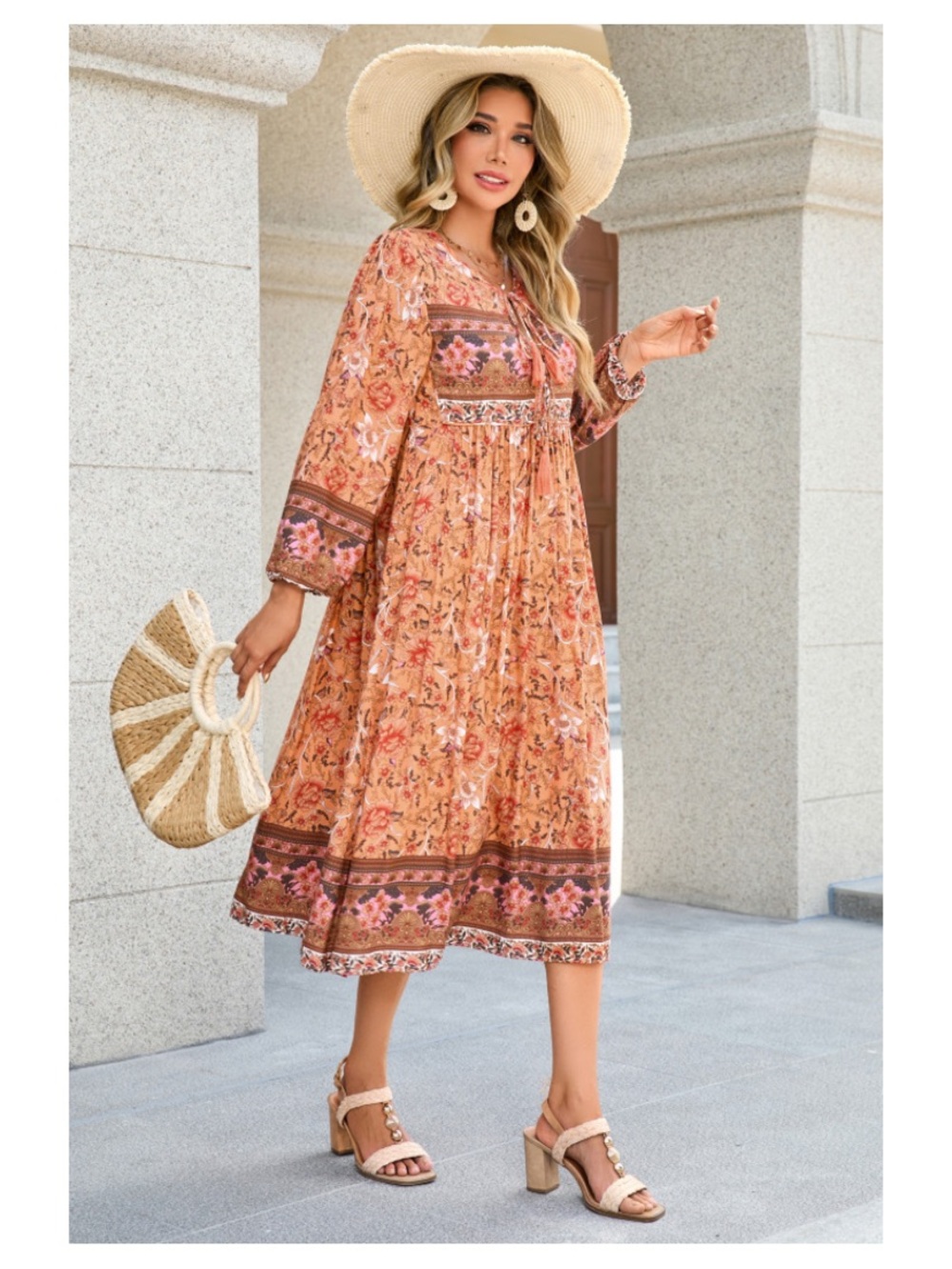 R. Vivimos Peach Long Sleeve Floral Print Retro V Neck Tassel Bohemian Dress - Picture 4 of 10
